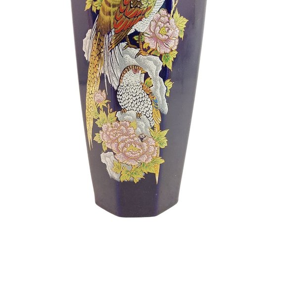 Asian Vase Pheasants Peonies Gold Gilt Trim Octagon Shape VIntage Home Decor 11" - Picture 4 of 7